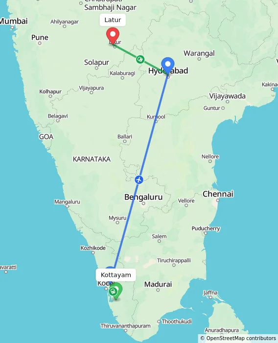 Route map showing distance and travel time from Kottayam, India to Latur, India