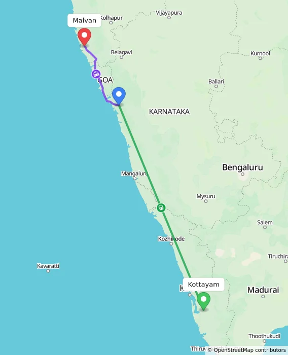 Route map showing distance and travel time from Kottayam, India to Malvan, India