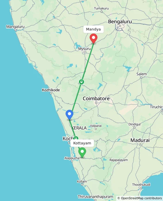 Route map showing distance and travel time from Kottayam, India to Mandya, India