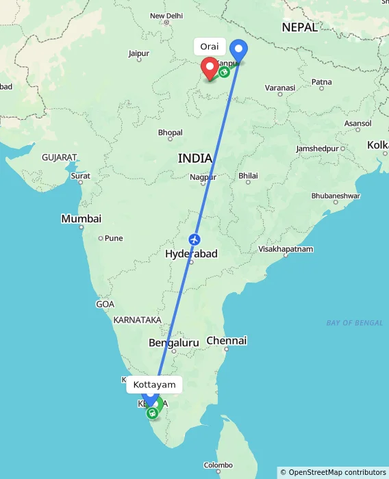 Route map showing distance and travel time from Kottayam, India to Orai, India