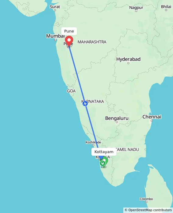 Route map showing distance and travel time from Kottayam, India to Pune, India