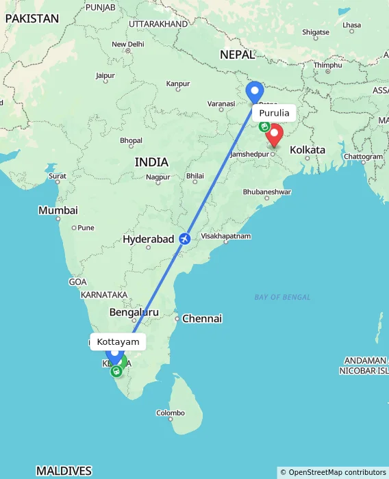 Route map showing distance and travel time from Kottayam, India to Purulia, India