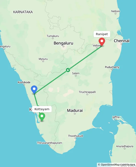 Route map showing distance and travel time from Kottayam, India to Ranipet, India