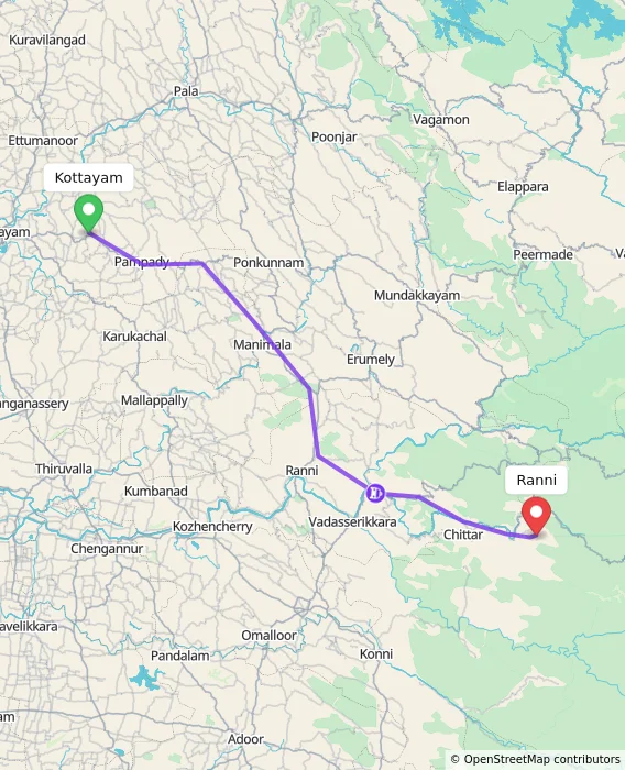 Route map showing distance and travel time from Kottayam, India to Ranni, India