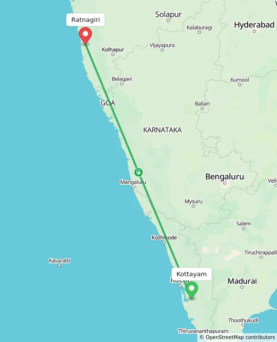 Route map showing distance and travel time from Kottayam, India to Ratnagiri, India