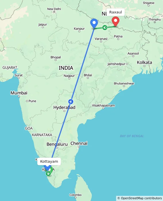 Route map showing distance and travel time from Kottayam, India to Raxaul, India