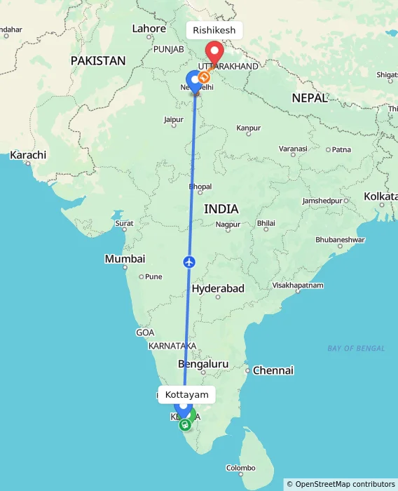 Route map showing distance and travel time from Kottayam, India to Rishikesh, India