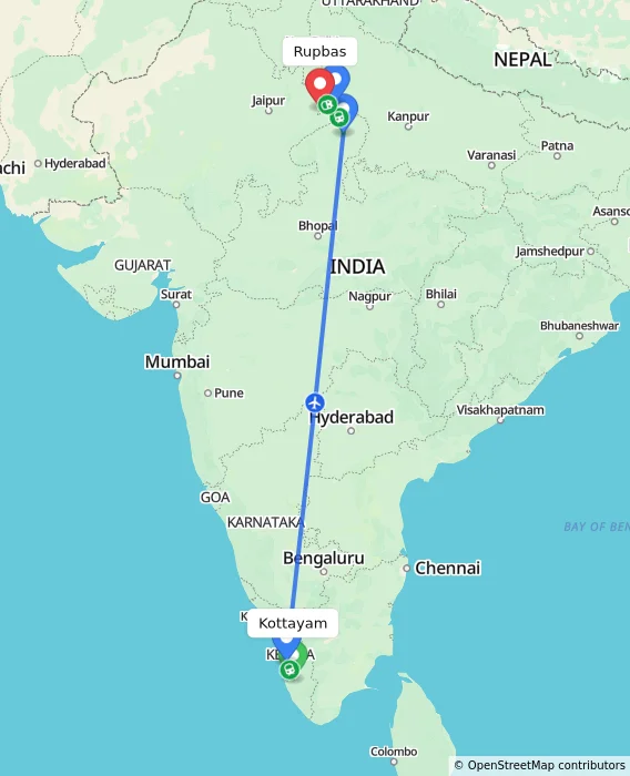 Route map showing distance and travel time from Kottayam, India to Rupbas, India
