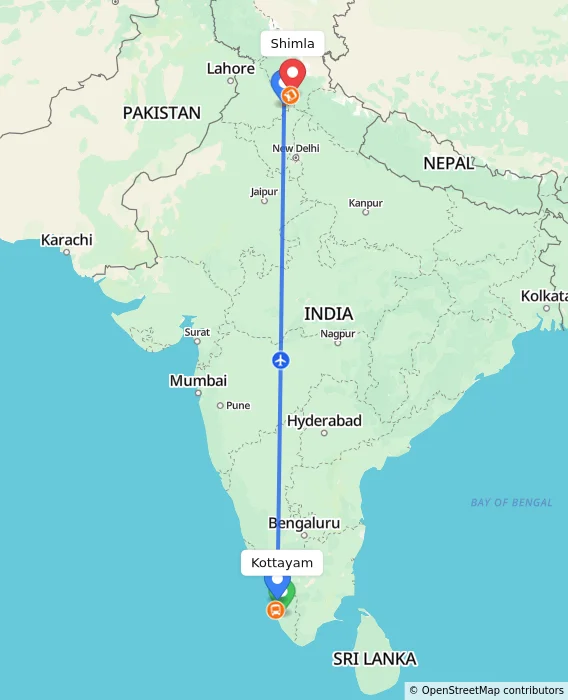 Route map showing distance and travel time from Kottayam, India to Shimla, India