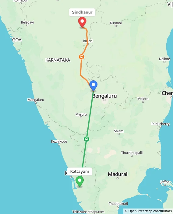 Route map showing distance and travel time from Kottayam, India to Sindhanur, India