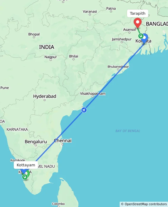 Route map showing distance and travel time from Kottayam, India to Tarapith, India