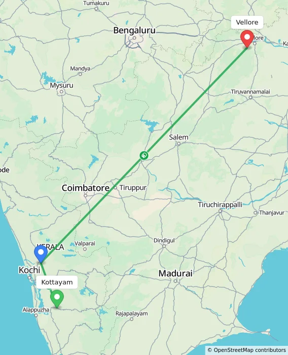 Route map showing distance and travel time from Kottayam, India to Vellore, India
