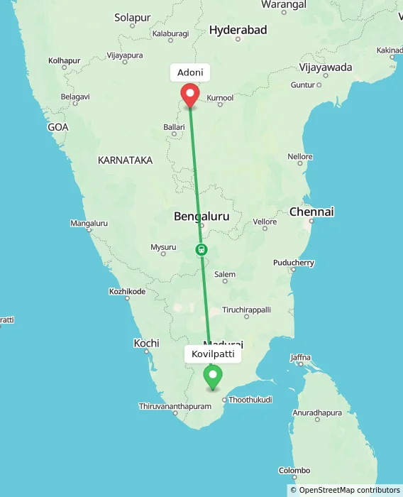 Route map showing distance and travel time from Kovilpatti, India to Adoni, India