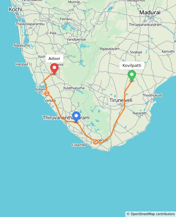 Route map showing distance and travel time from Kovilpatti, India to Adoor, India