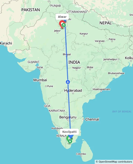 Route map showing distance and travel time from Kovilpatti, India to Alwar, India