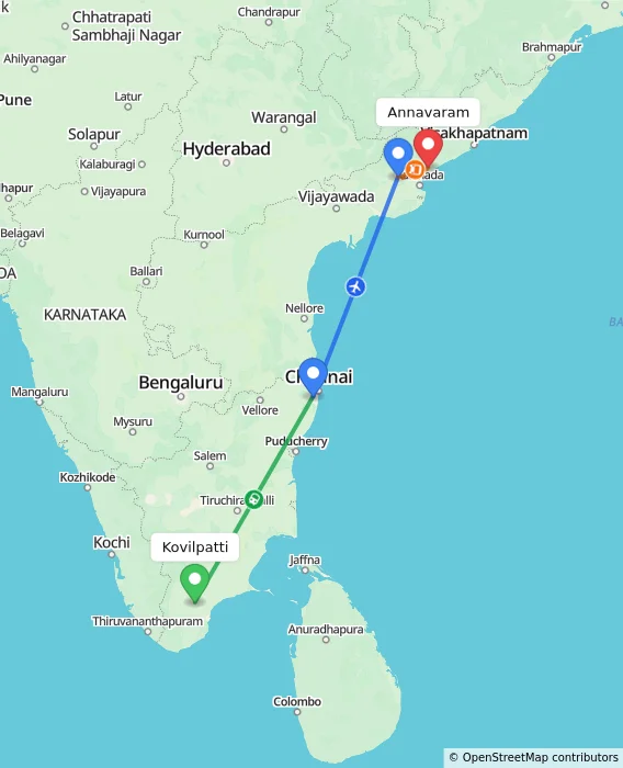 Route map showing distance and travel time from Kovilpatti, India to Annavaram, India
