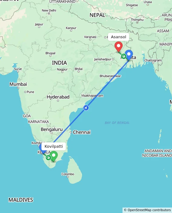Route map showing distance and travel time from Kovilpatti, India to Asansol, India