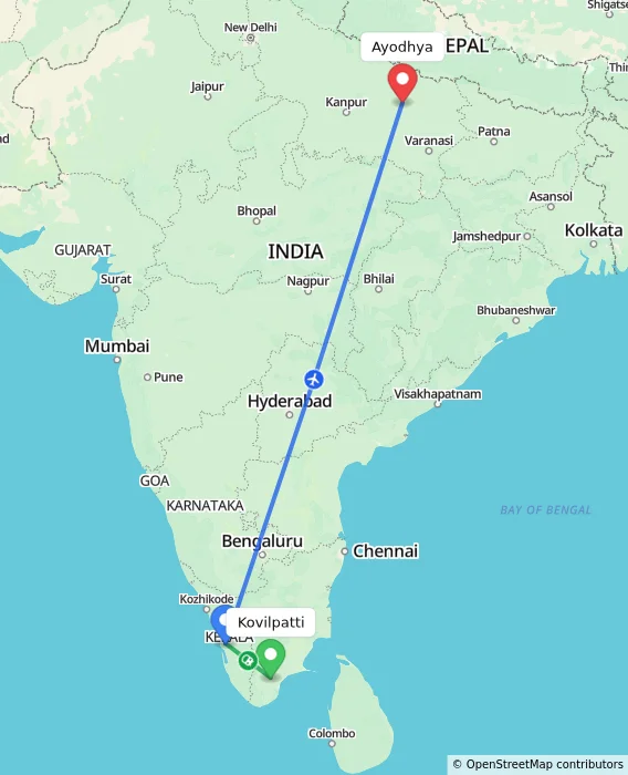 Route map showing distance and travel time from Kovilpatti, India to Ayodhya, India