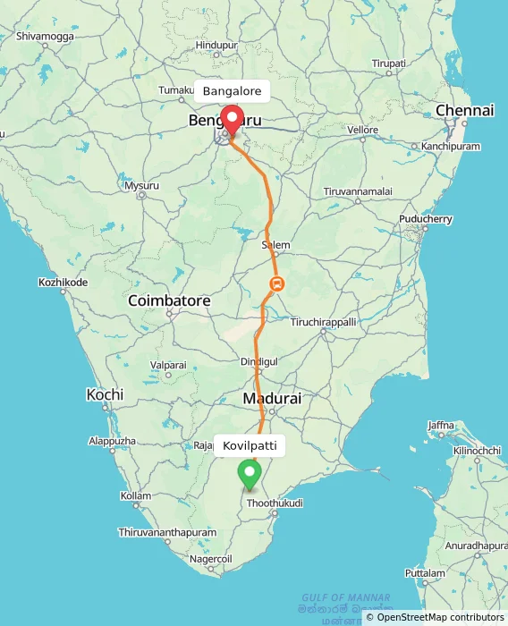 Route map showing distance and travel time from Kovilpatti, India to Bangalore, India