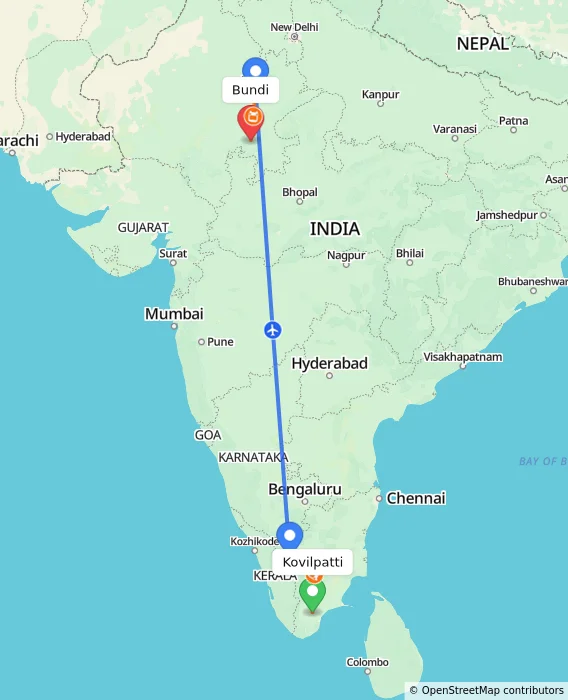 Route map showing distance and travel time from Kovilpatti, India to Bundi, India