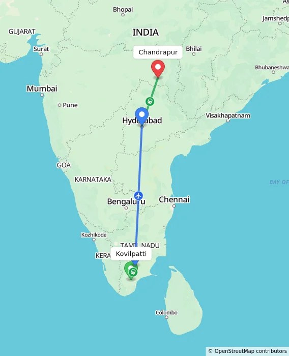 Route map showing distance and travel time from Kovilpatti, India to Chandrapur, India