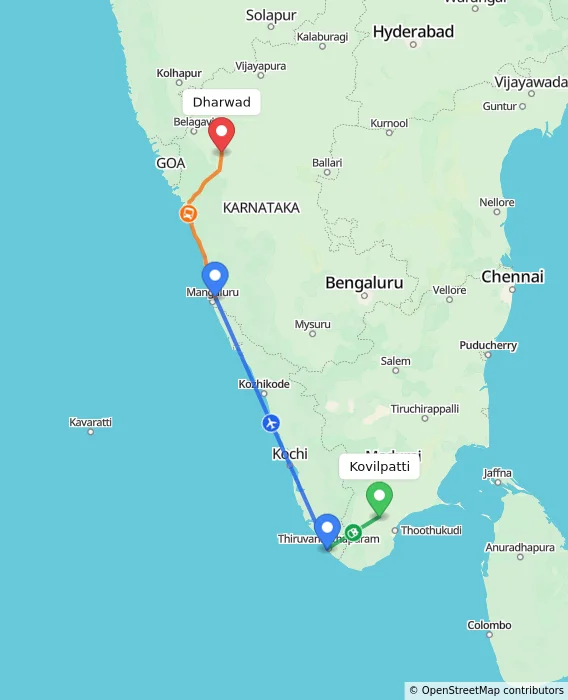 Route map showing distance and travel time from Kovilpatti, India to Dharwad, India