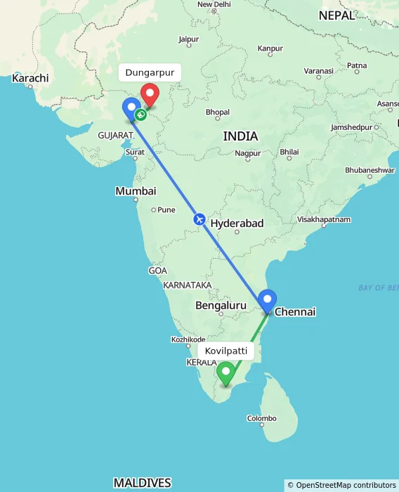 Route map showing distance and travel time from Kovilpatti, India to Dungarpur, India
