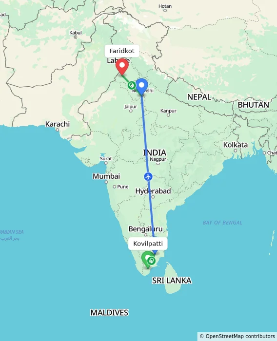 Route map showing distance and travel time from Kovilpatti, India to Faridkot, India