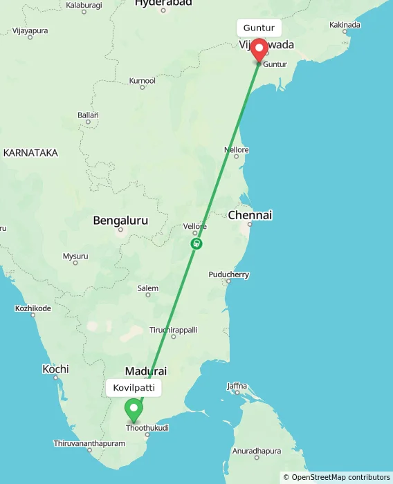 Route map showing distance and travel time from Kovilpatti, India to Guntur, India