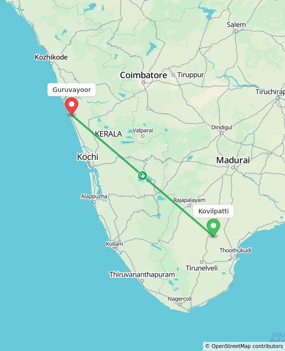 Route map showing distance and travel time from Kovilpatti, India to Guruvayoor, India