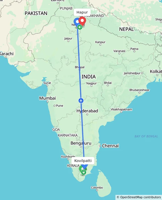 Route map showing distance and travel time from Kovilpatti, India to Hapur, India