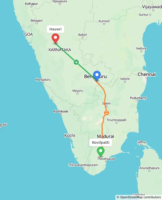 Route map showing distance and travel time from Kovilpatti, India to Haveri, India