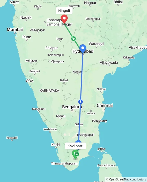 Route map showing distance and travel time from Kovilpatti, India to Hingoli, India