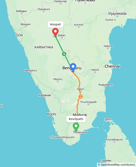 Route map showing distance and travel time from Kovilpatti, India to Hospet, India