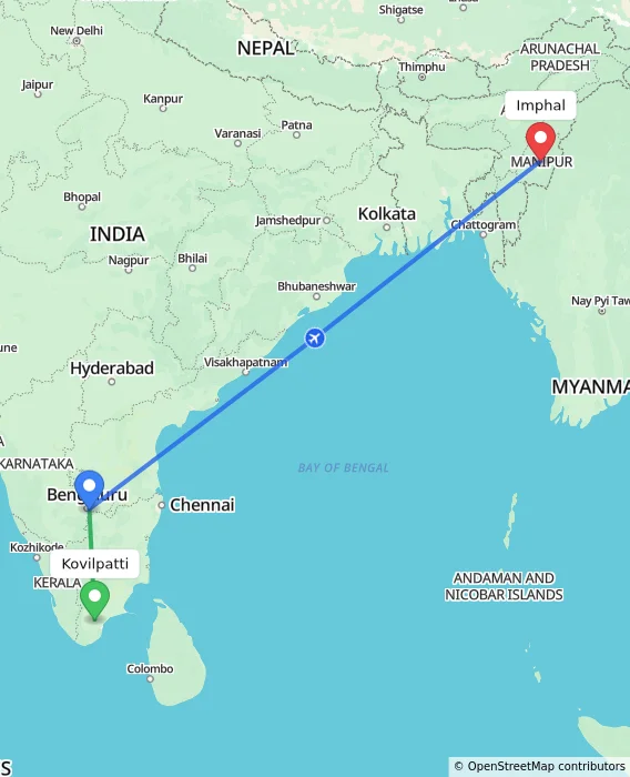 Route map showing distance and travel time from Kovilpatti, India to Imphal, India