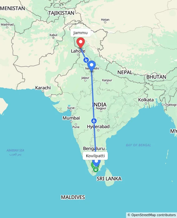 Route map showing distance and travel time from Kovilpatti, India to Jammu, India