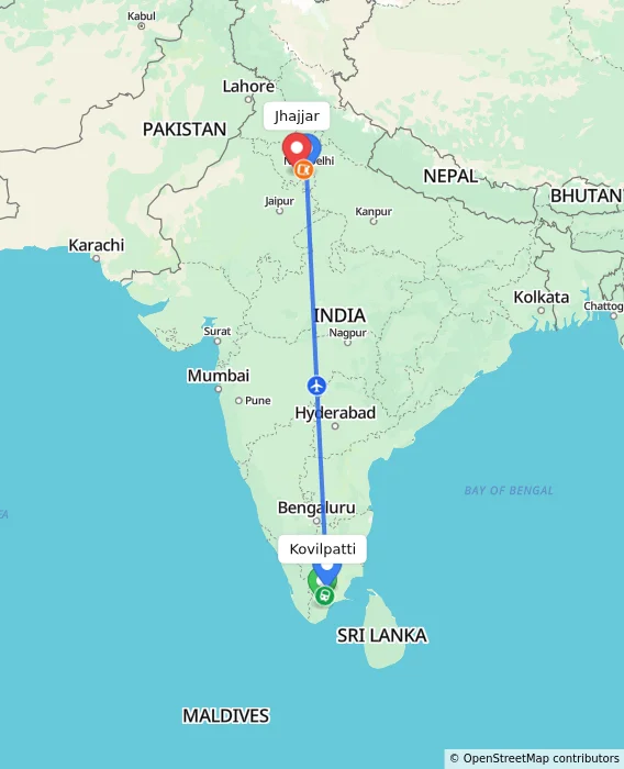 Route map showing distance and travel time from Kovilpatti, India to Jhajjar, India