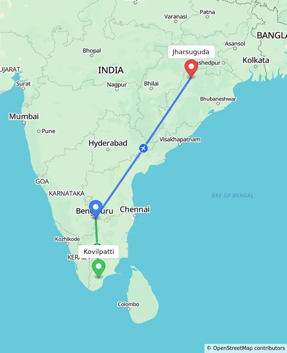 Route map showing distance and travel time from Kovilpatti, India to Jharsuguda, India