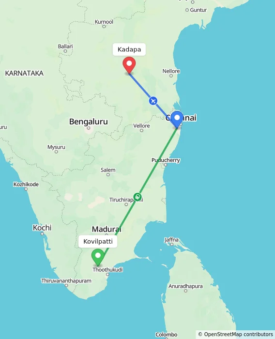 Route map showing distance and travel time from Kovilpatti, India to Kadapa, India