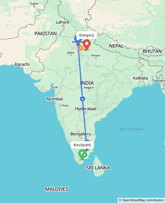 Route map showing distance and travel time from Kovilpatti, India to Kasganj, India