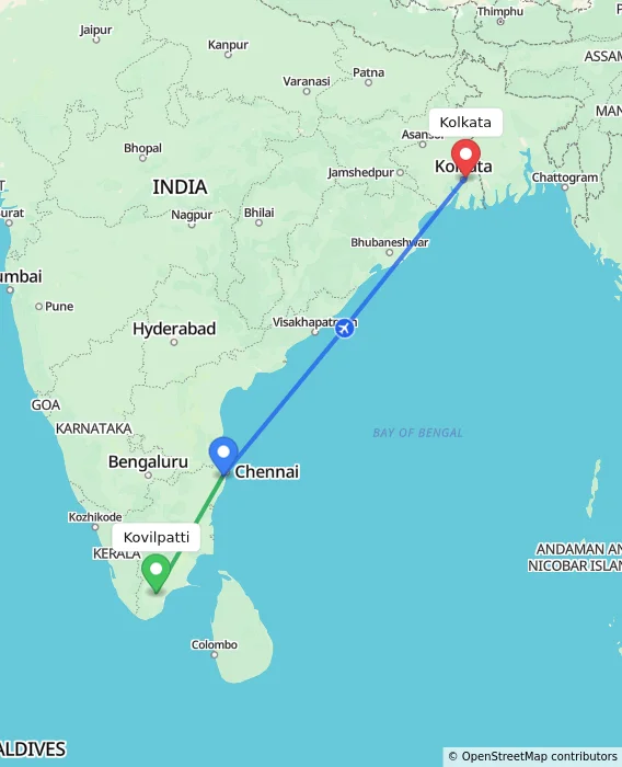 Route map showing distance and travel time from Kovilpatti, India to Kolkata, India