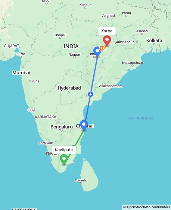 Route map showing distance and travel time from Kovilpatti, India to Korba, India