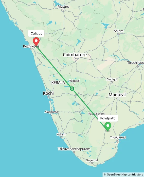 Route map showing distance and travel time from Kovilpatti, India to Kozhikode, India