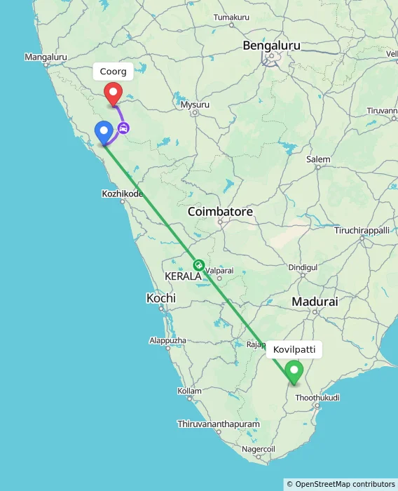 Route map showing distance and travel time from Kovilpatti, India to Madikeri, India