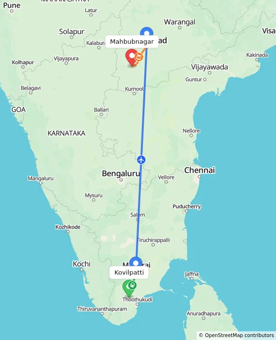 Route map showing distance and travel time from Kovilpatti, India to Mahbubnagar, India
