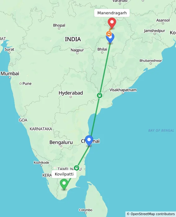 Route map showing distance and travel time from Kovilpatti, India to Manendragarh, India