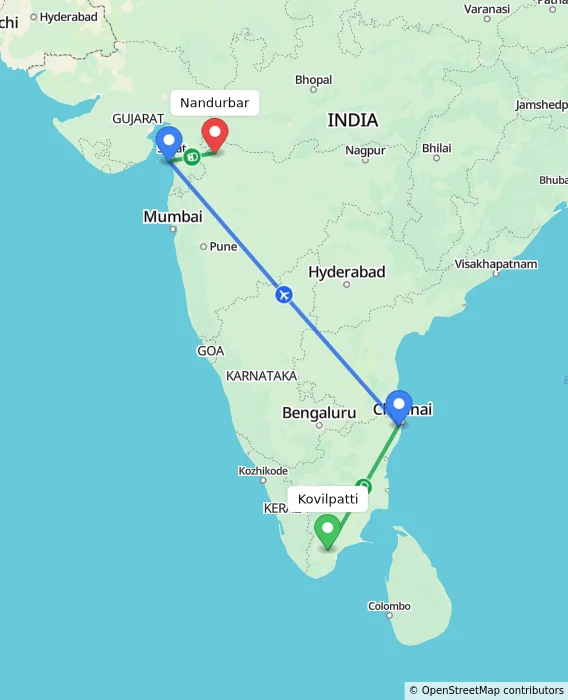 Route map showing distance and travel time from Kovilpatti, India to Nandurbar, India