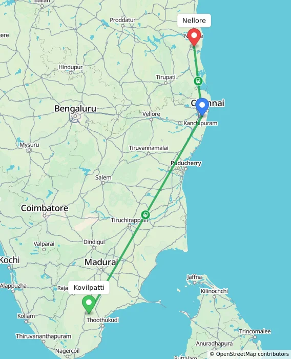 Route map showing distance and travel time from Kovilpatti, India to Nellore, India