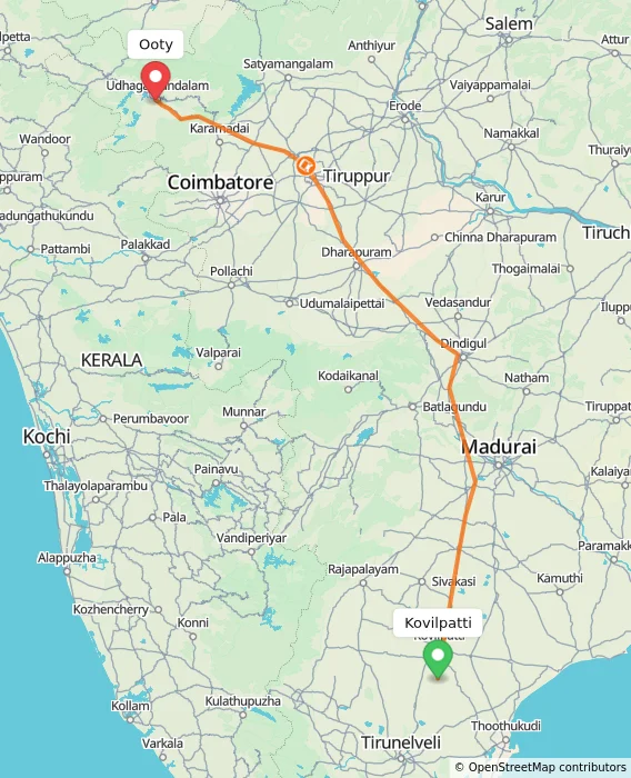 Route map showing distance and travel time from Kovilpatti, India to Ooty, India