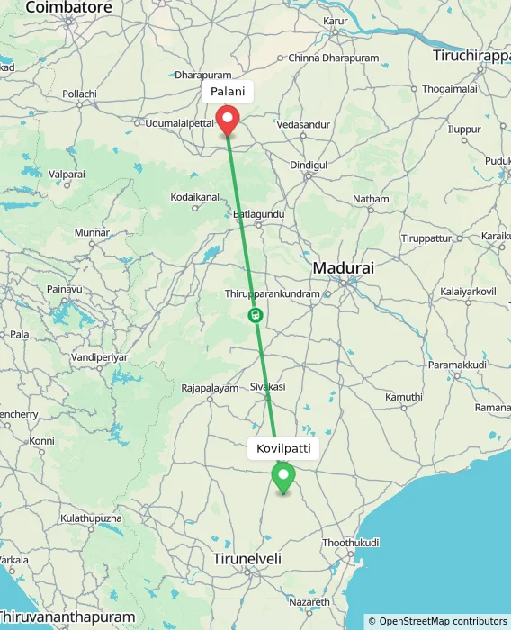 Route map showing distance and travel time from Kovilpatti, India to Palani, India